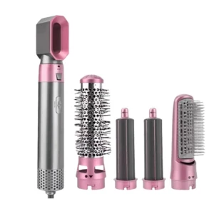 Multifunktionell hårstyler i rosa och silver - Snygg och praktisk hårstyler i rosa och silver med flera tillbehör för olika stylingbehov. Inkluderar rundborste, två locktillbehör och en plattborste. Perfekt för att skapa volym, lockar eller släta frisyrer. Aldrig använd då jag använder andra värmeverktyg! 