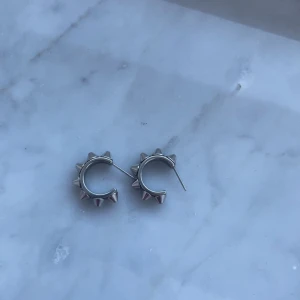 Silvriga örhängen med nitar - Säljer dessa jättesnygga silvriga örhängena från Edblad. Perfekta för att ge en edgy touch till din stil. De är lätta att bära och passar till många olika outfits. Säljer för jag inte bär silver smycken, inga defekter!😊🌸 pris kan diskuteras!