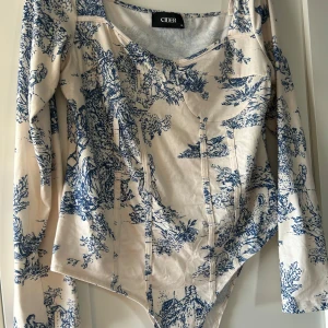 Beige och blå långärmad bodysuit från Cider - Säljer en beige bodysuit från Cider med blått, detaljrikt mönster. Långärmad med v-ringning och markerade sömmar som ger en korsettliknande look. Perfekt för dig som vill ha något unikt och snyggt!