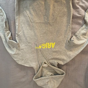 Grå hoodie från Axel Arigato - Säljer en stilren grå hoodie från Axel Arigato med gul text på framsidan. Tröjan har en klassisk känguruficka och justerbar huva. Perfekt för en avslappnad look.
