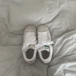 Vita Puma sneakers i mocka strl 41 - Snygga vita Puma sneakers med breda vita skosnören. Skorna har diskreta gulddetaljer och Pumas logga på sidan och hälen. Inte använda så mycket men har vissa fläckar, enkelt att få bort om man tvättar dom💗