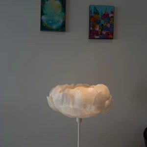 Vacker original Blomlampa  - Vacker lampa formad som en pion. Sprider ett varmt ljus tack hare de persikofärgade bladen på insidan. En mindre modell på en mindre lampfot som passar i de de flesta utrymmen.   För mer arbeten eller personlig beställning, skriv till Verteriart på Instagram. Det finns möjlighet att både få välja andra lampfötter och färger på skärmarna!  Själva lampan ingår er.  Kan fraktas mot fraktkostnad!