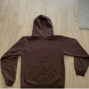 Spider hoodie  - Cool brun hoodie med en stor röd spindelnätsdesign och texten 'sp5der' på baksidan. Små gula stjärnor pryder ärmarna och huvan. Perfekt för en avslappnad stil.