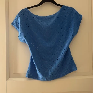 Blå topp med öppen rygg - Säljer en blå topp med korta ärmar och öppen rygg. Toppen har fina broderade hålmönster över hela tyget, aldrig använt!💞💞