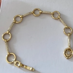 Guldpläterat armband med cirkeldetaljer - Elegant guldarmband med cirkelformade länkar och glittrande detaljer. Perfekt för att ge en touch av lyx till din outfit. Armbandet har en säker låsmekanism och en stilren design. Guldpläterad i 18 k! 