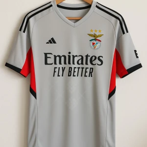 Benfica grå fotbollströja Adidas - Benfica fotbollströja i ljusgrått med svarta och röda detaljer. Klassisk V-ringning, klubbmärke och tre stjärnor på bröstet, samt Emirates och Sagres-tryck. Svarta Adidas-ränder på axlarna. Tillverkad i lätt och ventilerande material.