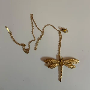 Halsband med trollslända i guld - Unikt halsband med en stor trollslända som hänge i guldfärgad metall. Kedjan är tunn och smidig, och trollsländan har fina detaljerade mönster på vingarna. Perfekt accessoar för dig som gillar naturinspirerade smycken.