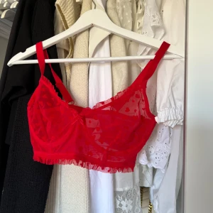 Röd hjärtmönstrad korsett - Säljer en röd korsett med hjärtmönster och volangdetaljer. Den har justerbara axelband och en söt rosett framtill. Perfekt för en romantisk look. 💖storlek M 