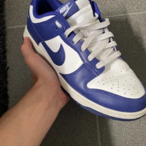 Nike Dunk i blått och vitt - Snygga Nike Dunk sneakers i en fräsch blå och vit färgkombination. Skorna har klassisk snörning och en rund tå. Perfekta för en stilren och sportig look. Bara skorna medföljer! 