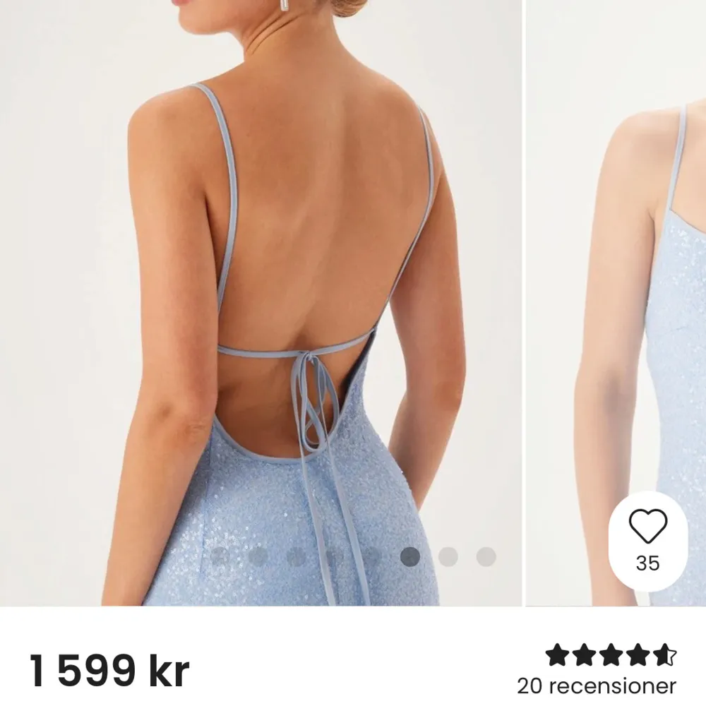 Säljer en fantastisk ljusblå långklänning med glittriga paljetter. Klänningen har smala axelband och går att knyta på olika sätt i ryggen. Aldrig använts🩵Jag är 161 och klänningen släpar i marken. . Mekot.