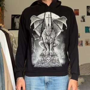 Black Edgy Hoodie - drained hoodie. silver gargoyle with red eyes and a cross. edgy delight.