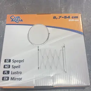Säljer denna spegel, vrid och vinklingar dubbelsidig med förstorningsfunktion förkromat stål. Skruv och glugg ingår. Kolla på bilden om du vill se hur lång den är.