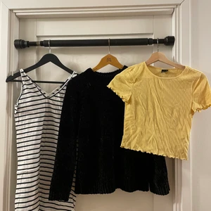 Olika saker  - Den randiga klänningen kommer ifrån Marine i stl 36 och kostar 40kr. Den svarta tröjan kommer ifrån Ginatricot i stl S och kostar 40kr. Den gula är ifrån Ginatricot i stl S och kostar 20 kr