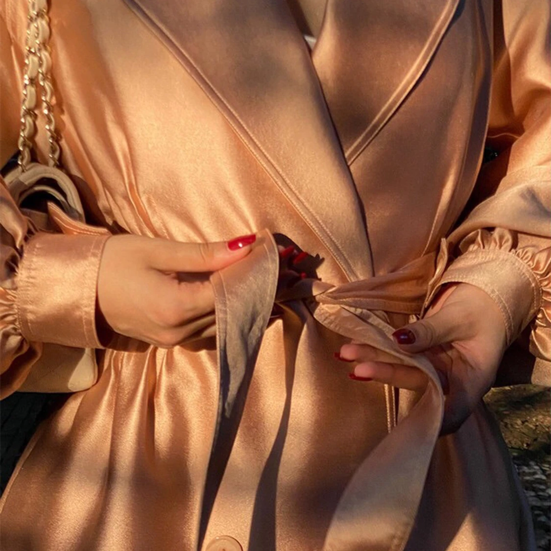 Rose Champagne Satin Trench Coat - 2