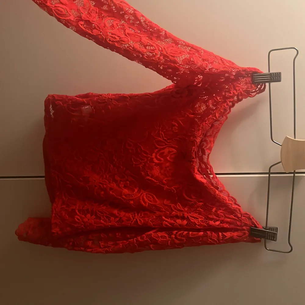 Röd off shoulder spets tröja från HM med genomskinlig rygg Använd en gång på halloween Frakt 69kr. Toppar.
