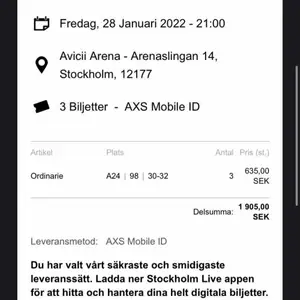 Hej! Jag och två kompisar har fått förhinder (jobb osv) som har gjort att vi tyvärr inte kan delta på Johannas show i maj. Därmed säljer vi 3 st (635kr/st). Biljetterna är till showen den 28:e maj 2022. Hör av er vid intresse! //Daniella