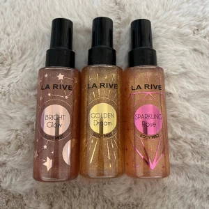 Body mist - La rive bodymist med glitter i. 3X100ml. Sparsamt använda fåtal gånger, nästan fulla flaskor. Alla doftar olika och otroligt gott, påminner om kända parfymer men kommer inte till mer användning hos mig. Alla tre för 90kr. Skriv om ni undrar något💓