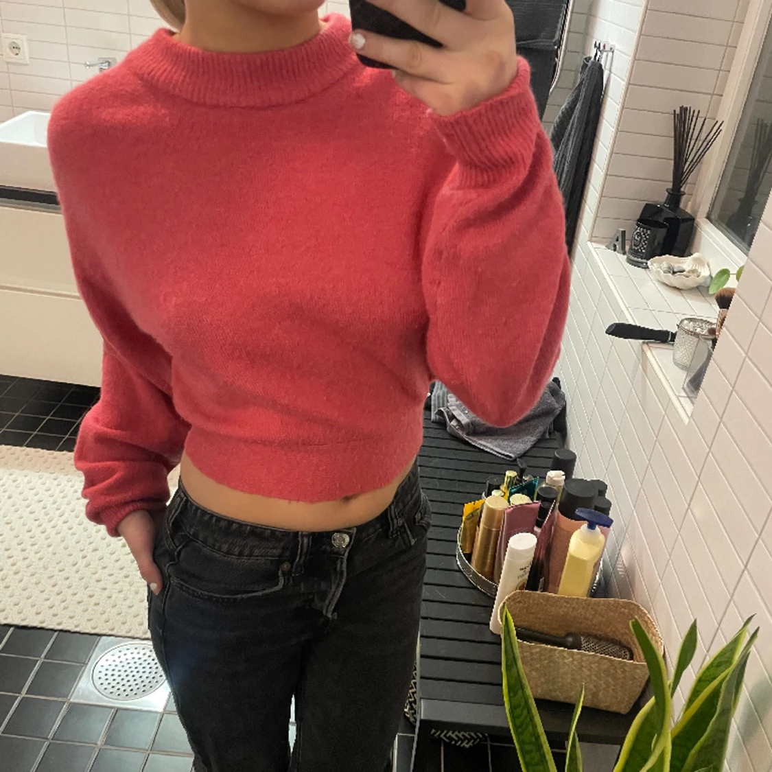 Rosa stickad tröja med rosett 🎀  - 91