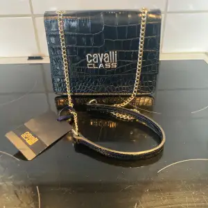 Väska från Roberto Cavalli.  Väskan är i mycket fint skick, använd ett fåtal gånger endast. Måtten är H: 14 cm B: ca 18 cm D: ca 7 cm  Väskan kommer med etiketter och dust bag. Fler bilder kan skickas. Köpt från Zalando.  Nypris ca 3 000 kr. 