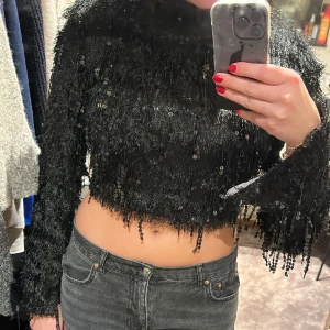 Svart paljett topp - Säljer min super super fina topp från hm med ”fjädrar” och paljetter, har en slits på varje ärm för att få en vidare ärm!! Sitter så himla fint på och är helt oanvänd. Ord pris??? Säljer för 120kr!!