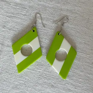 Gröna och vita örhängen, plast och okänd metall! Ca 8 cm långa totalt 