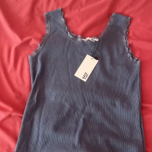 Blå ribbad linnetopp - En blå ribbad linnetopp med spetsdetaljer runt halsringningen och ärmhålen. Toppen är ärmlös och har en bekväm passform.