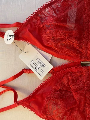 Röd spets-bh från kappahl - Snygg röd bh i triangelformad modell  Bh:n är tillverkad i transparent spets med fina broderade detaljer och tunna axelband. Framtill finns en dekorativ metallspänne. Perfekt för dig som gillar en feminin och trendig look.