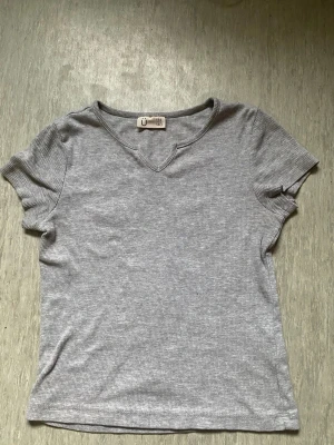 Grå ribbad t-shirt med v-ringning - En enkel och stilren grå t-shirt med ribbad struktur och v-ringad hals. T-shirten har korta ärmar och en mjuk, bekväm passform som funkar till det mesta. Perfekt basplagg för alla tillfällen.