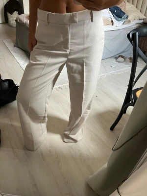 Beiga kostymbyxor från Gina Tricot - Stilrena beiga kostymbyxor från Gina Tricot med raka ben och pressveck. Byxorna har hällor för skärp och stängs med dold dragkedja och knapp. Perfekta för en clean och trendig look. Ej använda!