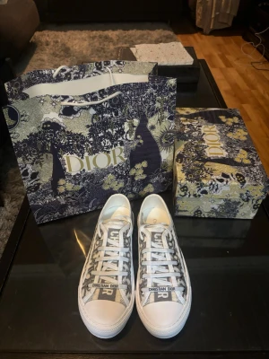 Dior gråvita låga sneakers - Snygga låga sneakers från Dior i vitt och grått med det klassiska Dior-mönstret på sidan och texten 'Christian Dior' på plösen. Skorna har vita snören och sula i gummi. Perfekta för dig som vill ha en exklusiv och trendig look.
