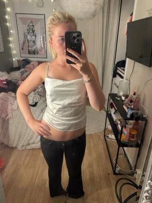 Silvrig satinlinnetopp med snörning - Säljer en silvrig linnetopp i satin med tunna axelband och snygg snörning i ryggen. Toppen har en croppad passform och ger en riktigt fräsch look till sommaren. Perfekt att styla med jeans eller kjol för en trendig outfit.