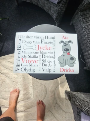 Hundunderlägg med text och hundmotiv - Säljer ett vitt underlägg med tryck i svart, rött och grått. Underlägget har en tecknad hund och ord som 'Vovve', 'Jycke', 'Dricka' och 'Äta' i olika typsnitt. Perfekt att ha under matskålar till hunden.