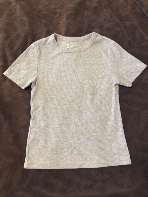 Ljusgrå ribbad t-shirt - En stilren ljusgrå t-shirt med ribbad struktur och klassisk rund hals. T-shirten har korta ärmar och är tillverkad i ett mjukt bomullsmaterial som känns skönt mot huden. Perfekt basplagg för alla tillfällen.