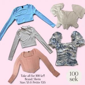 Fem trendiga toppar i olika stilar - Fem snygga toppar i olika färger och modeller. Inkluderar en ljusblå croppad topp med lång ärm, en beige volangblus, en grå polotopp, en rosa långärmad topp med fyrkantig ringning och en blå- och vitmönstrad topp med puffärm. Perfekt för dig som gillar att variera din stil.