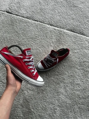 Röda Converse All Star låga sneakers - Klassiska röda Converse All Star sneakers med vit tåhätta, vita snören och sula. Skorna har lågt skaft och är tillverkade i canvas med gummisula. Perfekta för en avslappnad och cool stil. Storlek 41, samt använda ungefär en vecka efter bilderna togs med endast lite enkelt smuts på sulorna som lätt går bort