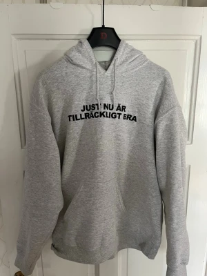 Grå hoodie från Ginger med tryck - Snygg grå hoodie från Ginger med svart texttryck på bröstet: 'JUST NU ÄR TILLRÄCKLIGT BRA'. Klassisk modell med huva och dragsko samt stor magficka. Perfekt för chill dagar och enkel att matcha med jeans eller mjukisbyxor.