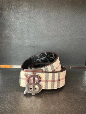 Burberry bälte med Silver Spänne - Snyggt bälte i beige och brunt med klassiskt rutigt mönster och ett stort metallspänne framtill. Bältet har en bred design och detaljer i silverfärgad metall. Perfekt för att lyfta vilken outfit som helst.