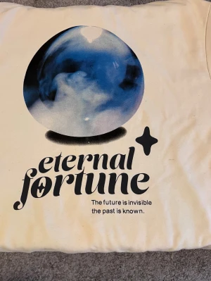 Vit hoodie med Eternal Fortune-tryck - Säljer en oversized vit hoodie med tryck ’Eternal Fortune’. Framsidan har en liten logga på bröstet och baksidan har ett stort tryck med en blå kristallkula och texten 'The future is invisible, the past is known.' Hoodien har huva med dragsko och magficka.