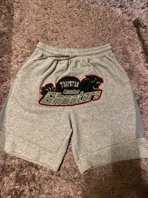 Gråa Trapstar shorts  - Snygga grå shorts från Trapstar med stort broderat motiv framtill där det står 'London Shooters' och en svart panter. Shortsen har resår i midjan med snörning och är gjorda i mjukt bomullsmaterial. Perfekta för en avslappnad streetwear-look.