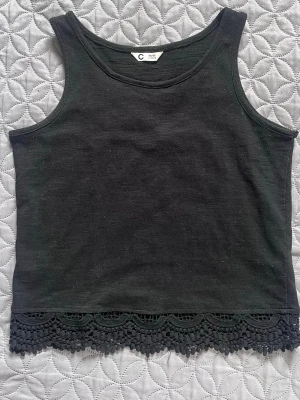 Svart linnetopp med spetskant - Snygg svart linnetopp med breda axelband och dekorativ spetskant längst ner. Toppen är ärmlös och har en enkel, rak passform som gör den lätt att matcha med olika outfits. Perfekt för dig som gillar stilrena plagg med en twist.