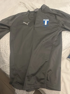 Grå träningströja Malmö FF Puma - Snygg grå träningströja från Puma med Malmö FF-logga på bröstet. Tröjan har halv dragkedja framtill och lång ärm. Perfekt för träning eller uppvärmning. Materialet är troligtvis polyester för en sportig känsla.