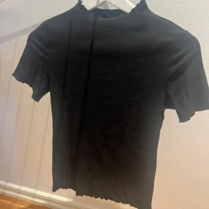 Svart ribbad topp med kort ärm - En svart ribbad topp med korta ärmar och hög hals. Toppen har vågig kant nertill och vid ärmslut, vilket ger en cool och trendig look. Materialet är stretchigt och sitter snyggt på kroppen. Perfekt att styla med jeans eller kjol.