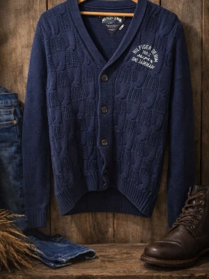 Marinblå stickad cardigan Hilfiger Denim - Snygg marinblå stickad kofta från Hilfiger Denim i storlek medium. Koftan har ett coolt strukturmönster framtill, v-ringad hals och knappar hela vägen. Långa ärmar och ribbade muddar ger en skön passform. Perfekt för dig som gillar klassisk streetstil.