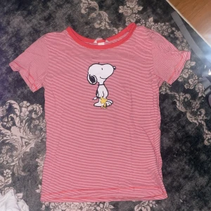 Randig Snoopy t-shirt från H&M - Säljer en röd- och vitrandig t-shirt från H&M med tryck av Snoopy och Woodstock på bröstet. T-shirten har rund halsringning med röd kant och är kortärmad. Perfekt för dig som gillar gulliga prints och vill ha en chill look.