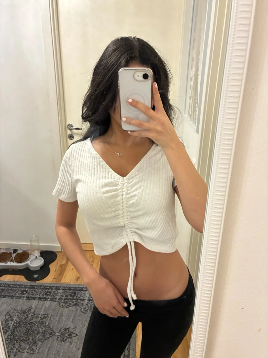 Vit ribbad croppad topp med snörning - 1