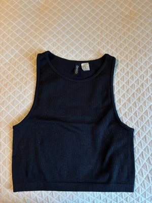 Svart ribbad linnetopp från H&M Divided - Säljer en svart ribbad linnetopp från H&M Divided i storlek XS. Toppen har en croppad passform och är ärmlös med breda axelband. Materialet är mjuk och stretchig bomull, perfekt för att styla med jeans eller kjol. Enkel och stilren design.