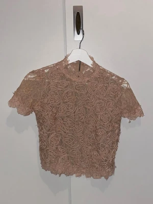 Beige/rosa spetsblus med kort ärm - Säljer en superfin beige blus i spets med korta ärmar och hög hals. 