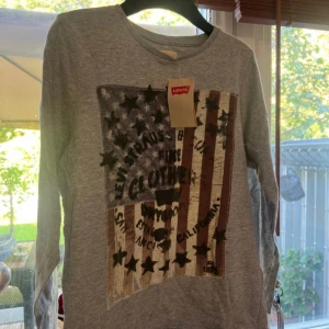 Grå långärmad tröja från Levi's - Säljer en grå långärmad tröja från Levi's med coolt tryck av amerikanska flaggan och text på framsidan. Tröjan har rund hals och är perfekt för dig som gillar streetstyle och klassiska märken. Passar till jeans och sneakers.