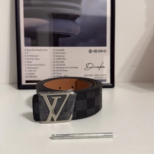 L och V rutig svart skinnbälte - Säljer ett L och V bälte i svart skinn med klassiskt rutigt Damier-mönster och en stor silverfärgad L och V-spänne. Insidan är ljusbrun och bältet har en lyxig vibe som verkligen sticker ut. Perfekt accessoar för att lyfta din outfit.