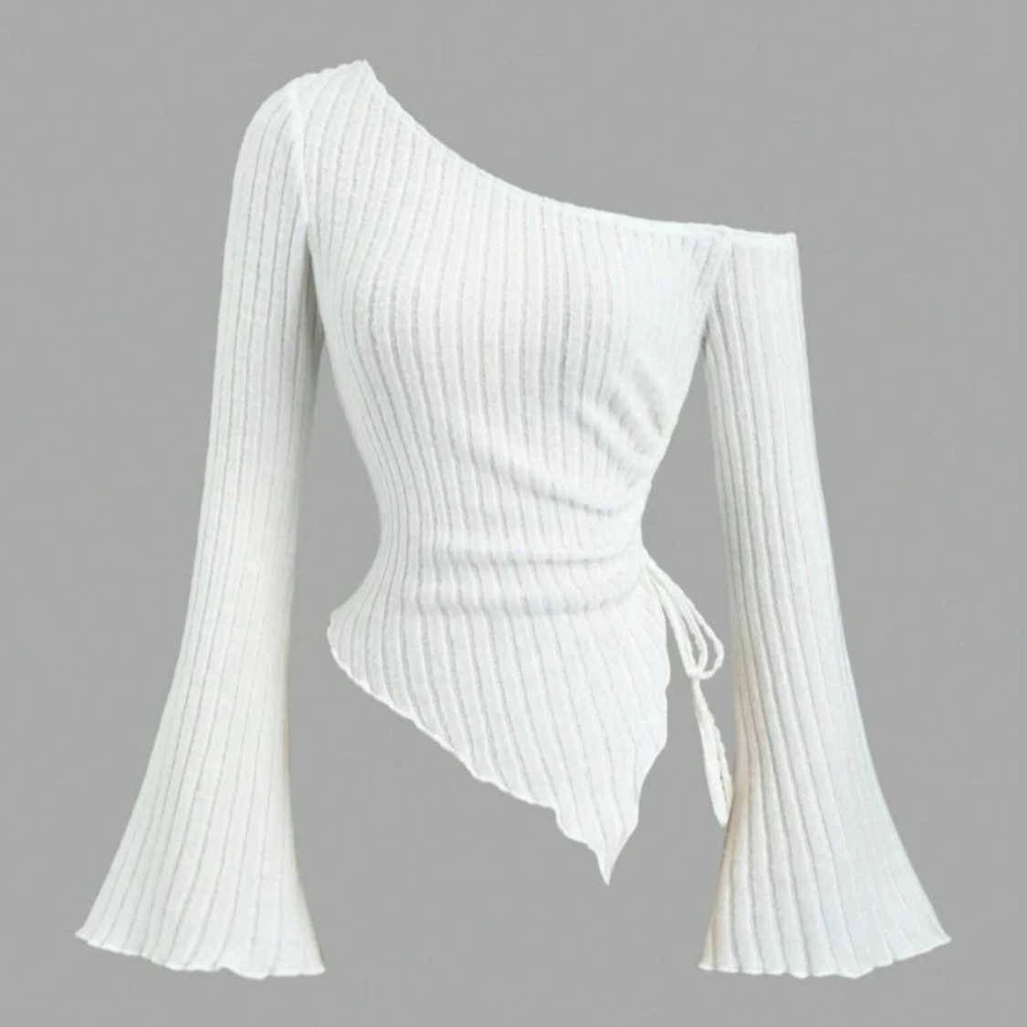 Ribbad one shoulder topp med utsvängda ärmar - 1